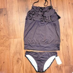 Michael Kors Ruffle Halter Neck Taniki Swimsuit Set Brown Size M